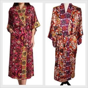 Natori Red & Burgundy Satin Kimono Wrap Robe Size M/L Loungewear, Boho